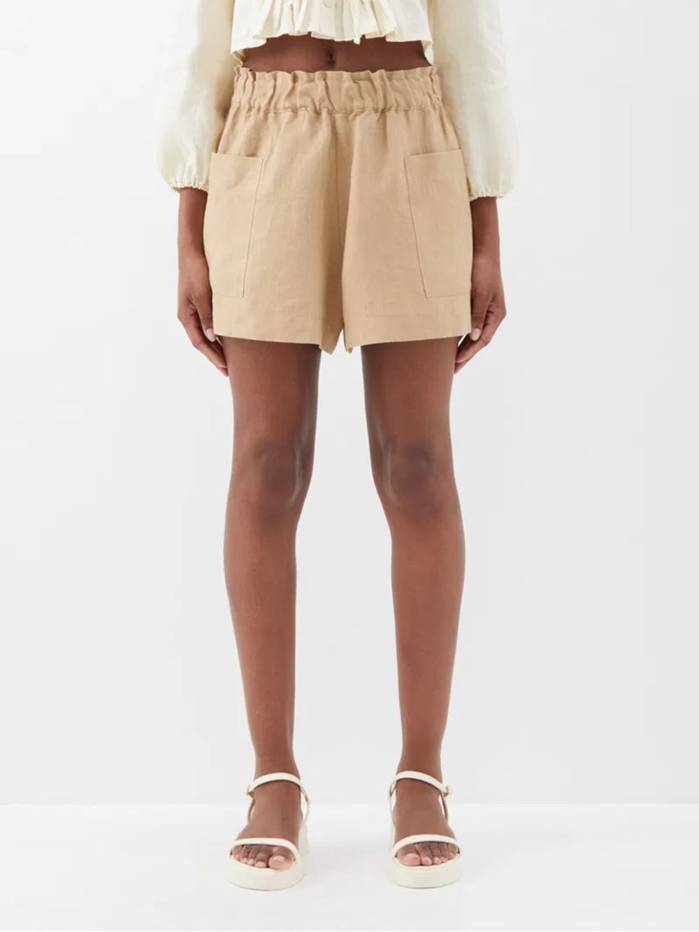 Casa Raki- Beige Linen Blend Elastic-Waist Women’s Shorts